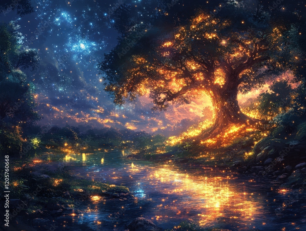 Fototapeta premium Enchanted Forest at Night: Glowing Tree and Starlit River
