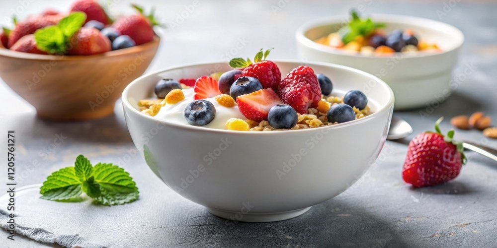 A delightful breakfast bowl filled with granola, creamy yogurt, and a vibrant mix of fresh strawberries and blueberries. A delightful breakfast bowl filled with granola, creamy yogurt, and a vibrant mix of fresh strawberries and blueberries.