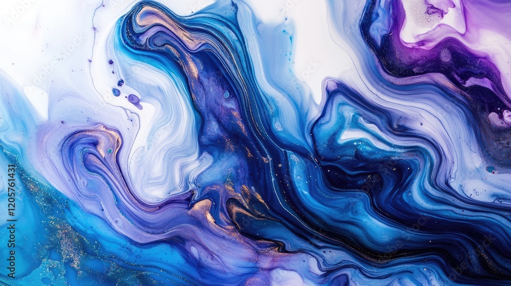 Abstract texture of flowing ink in water, with vibrant blue and purple swirls on a white background. Abstract texture of flowing ink in water, with vibrant blue and purple swirls on a white background.