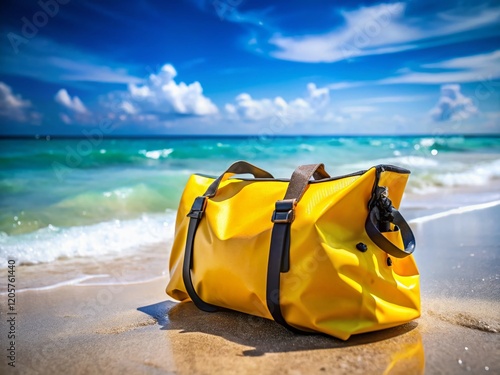 Bright Yellow Waterproof Travel Bag on Sunny Beach, High Depth of Field photo