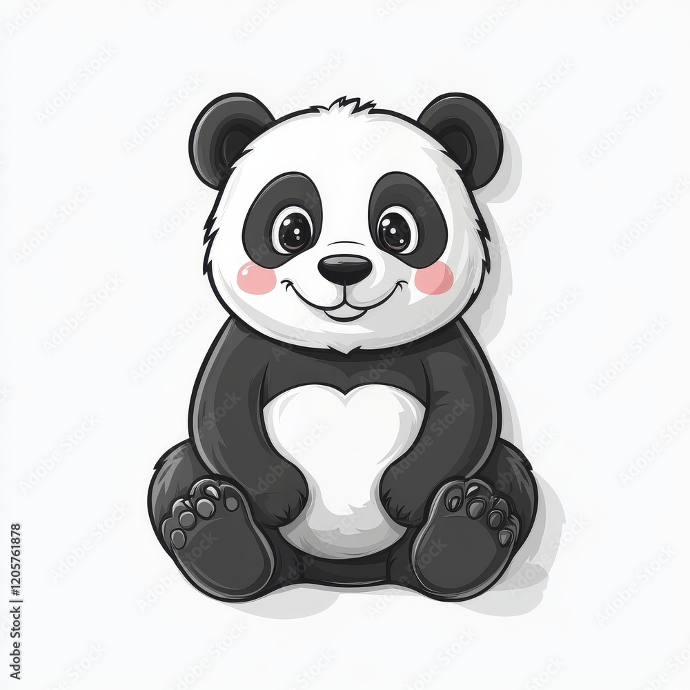 Charming Cartoon Panda with Rosy Cheeks Sitting and Smiling on a Plain White Background, adorable black and white panda illustration Charming Cartoon Panda with Rosy Cheeks Sitting and Smiling on a Plain White Background, adorable black and white panda illustration