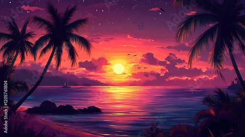 Tropical paradise evening with vibrant sunset scene. photo