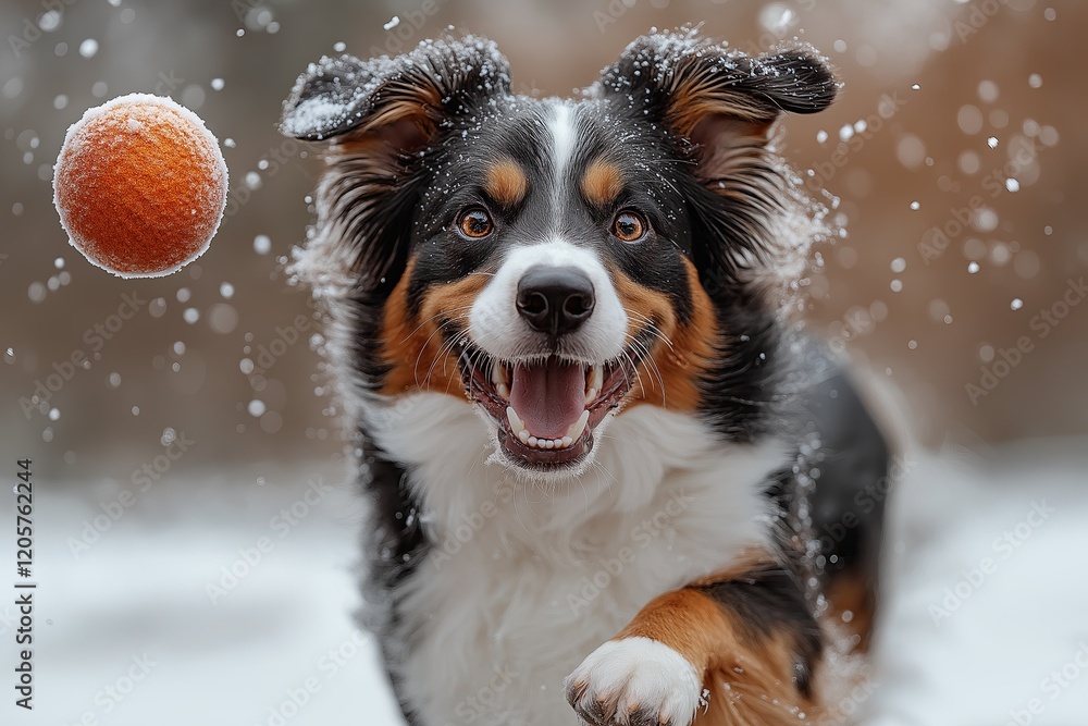 Spirited Australian Shepherd chasing a ball in a snowy park during winter fun Spirited Australian Shepherd chasing a ball in a snowy park during winter fun