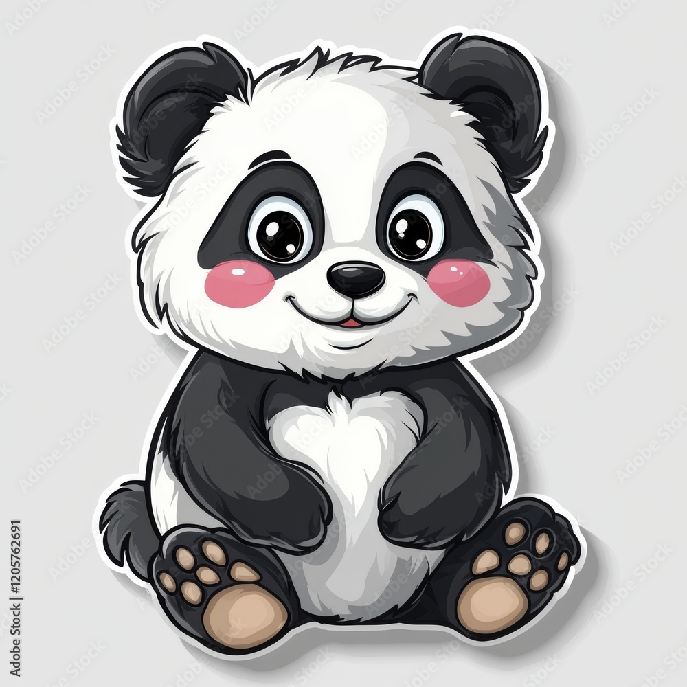 Obraz premium Adorable cartoon panda with a cute smile and pink cheeks sits happily isolated on a gray background