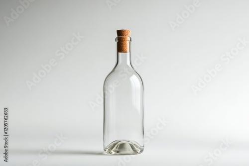 A clear glass bottle with a cork stopper on a minimalistic background, showcasing simplicity and elegance.