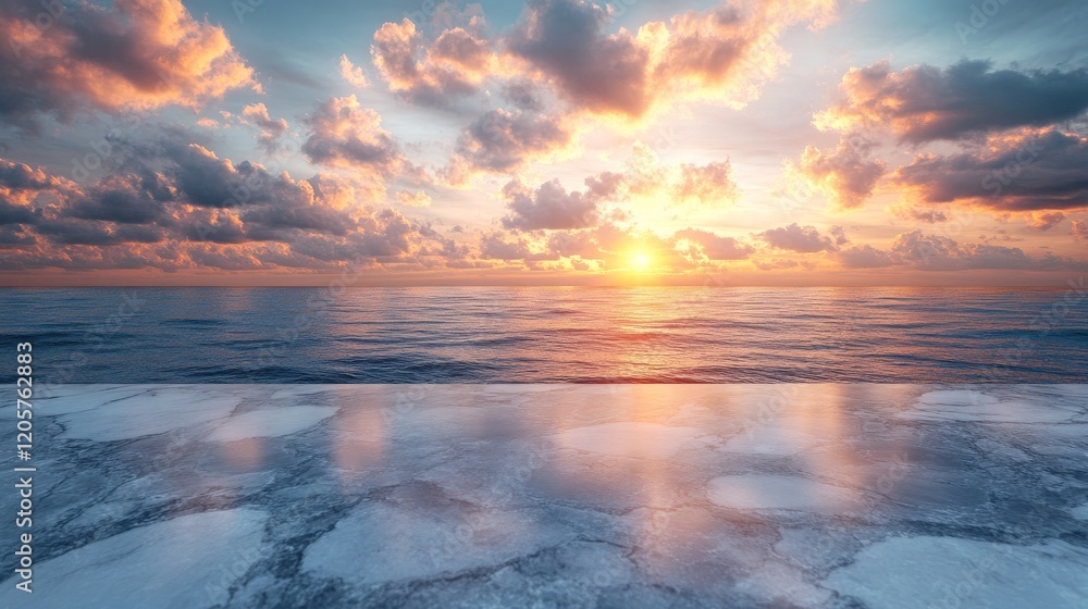 Vibrant sunset over calm ocean reflecting on a smooth surface. Vibrant sunset over calm ocean reflecting on a smooth surface.