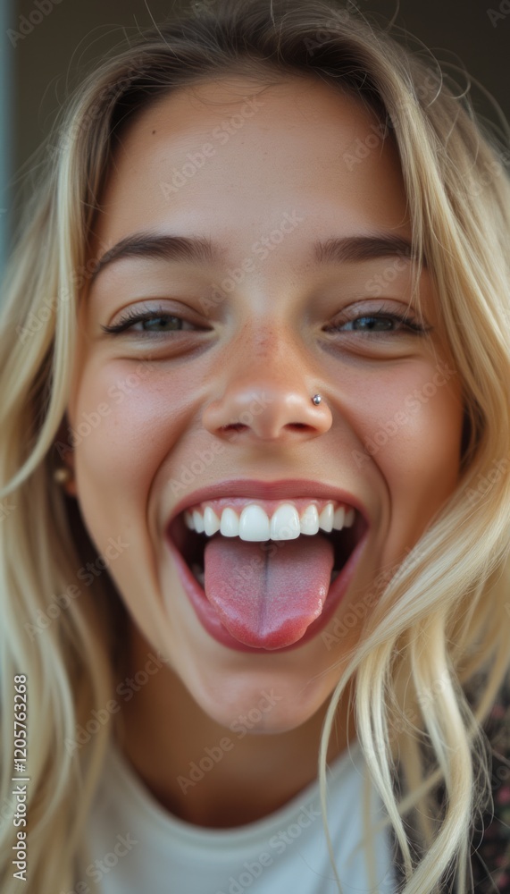 A cheerful young woman with long, wavy blonde hair is playfully sticking out her tongue, radiating happiness. Her bright blue eyes sparkle with mischief, and her genuine smile showcases her perfect A cheerful young woman with long, wavy blonde hair is playfully sticking out her tongue, radiating happiness. Her bright blue eyes sparkle with mischief, and her genuine smile showcases her perfect