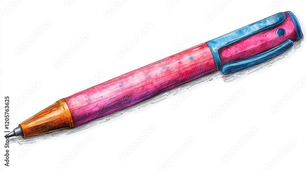 Detailed rendering of a colorful pen with vibrant pink and blue tones and textured shading on a white background Detailed rendering of a colorful pen with vibrant pink and blue tones and textured shading on a white background