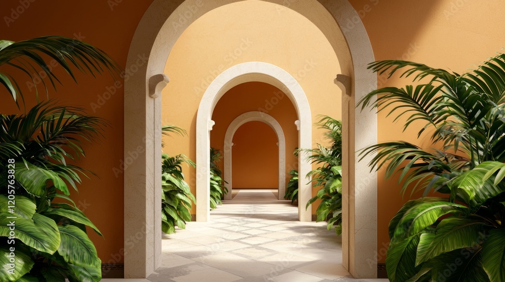Fototapeta premium Travel culture accommodation lifestyles serenity. A serene corridor features multiple arches, flanked by vibrant green plants against warm orange walls, creating a calming and inviting atmosphere.