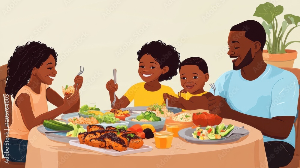A family enjoying a healthy lunch together, featuring lean proteins, whole grains A family enjoying a healthy lunch together, featuring lean proteins, whole grains