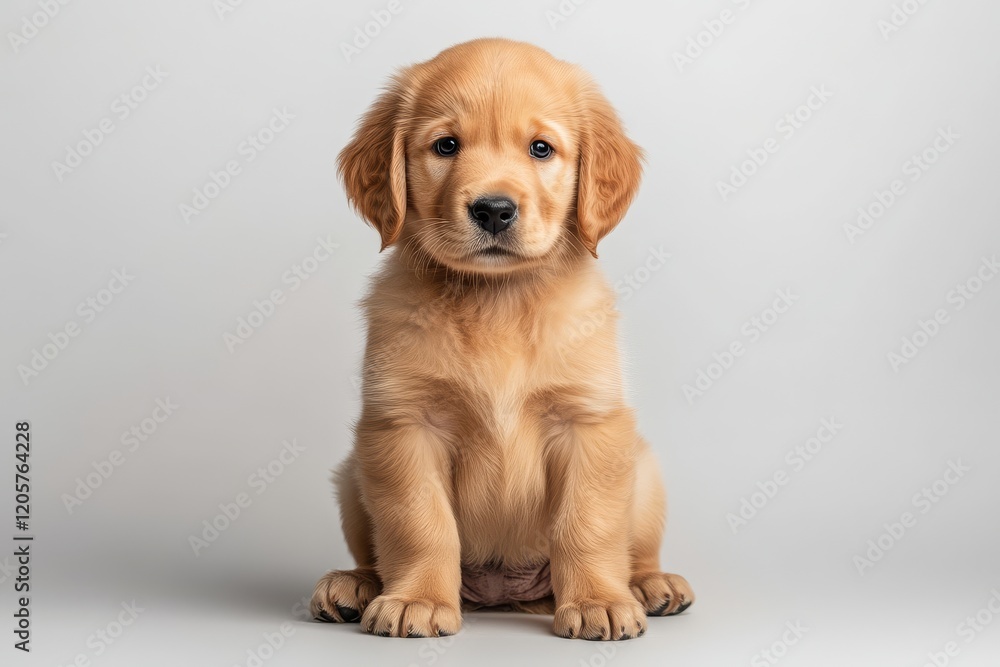 Adorable golden retriever puppy sitting calmly, showcasing its fluffy fur and expressive eyes against a plain background. Adorable golden retriever puppy sitting calmly, showcasing its fluffy fur and expressive eyes against a plain background.