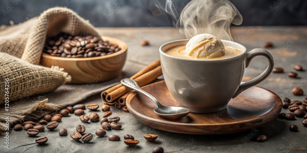 Aromatic Coffee with a Scoop of Vanilla Ice Cream, Steaming Hot and Served in a Rustic Cup with Cinnamon Sticks and Roasted Coffee Beans Aromatic Coffee with a Scoop of Vanilla Ice Cream, Steaming Hot and Served in a Rustic Cup with Cinnamon Sticks and Roasted Coffee Beans