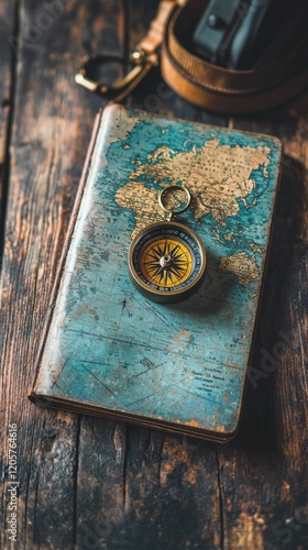 A vintage map lies open on a rustic wooden surface, accompanied by a brass compass. This travel-inspired flat-lay invites daydreams of journeys and distant destinations photo