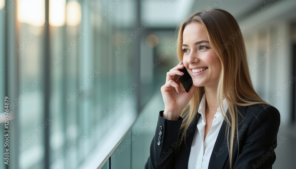 A confident young woman in a sleek black blazer smiles while talking on her smartphone, illuminated by soft natural light. The modern office setting features large glass windows, creating a bright and A confident young woman in a sleek black blazer smiles while talking on her smartphone, illuminated by soft natural light. The modern office setting features large glass windows, creating a bright and