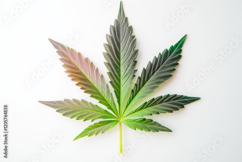 A vibrant cannabis leaf displayed against a white background, showcasing its rich green hues and distinct serrated edges.