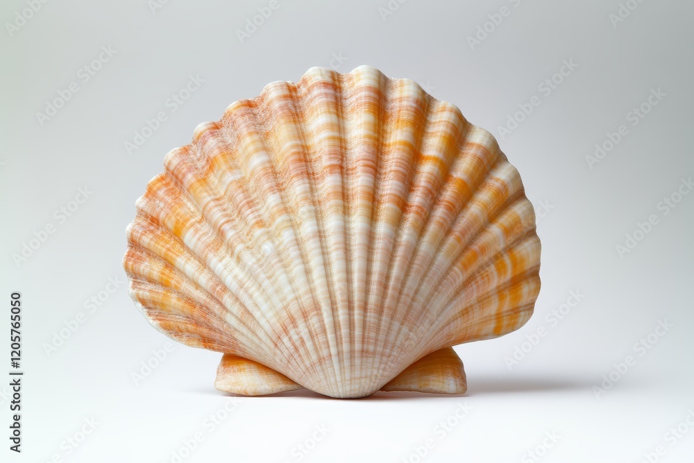 A beautiful scallop shell with a light orange hue, displaying intricate ridges and a smooth surface, against a plain background. A beautiful scallop shell with a light orange hue, displaying intricate ridges and a smooth surface, against a plain background.