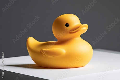 A bright yellow rubber duck positioned on a minimalist surface, showcasing its playful design and classic toy appeal. photo