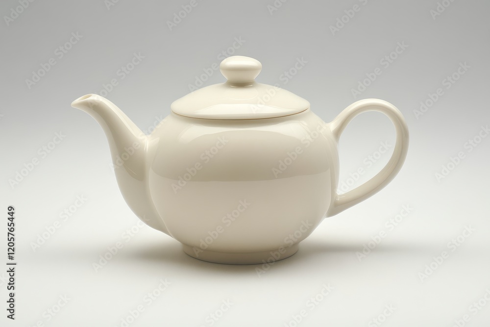 A simple, elegant white teapot with a rounded body and a curved spout, resting against a neutral background. A simple, elegant white teapot with a rounded body and a curved spout, resting against a neutral background.