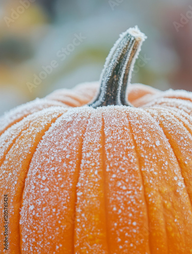 Frost Covers Orange Pumpkin in Autumn Backyard Setting During Chilly Morning
