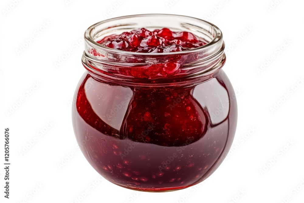 A glass jar filled with rich, red fruit jam, showcasing its thick texture and vibrant color, perfect for spreading on toast or pastries. A glass jar filled with rich, red fruit jam, showcasing its thick texture and vibrant color, perfect for spreading on toast or pastries.