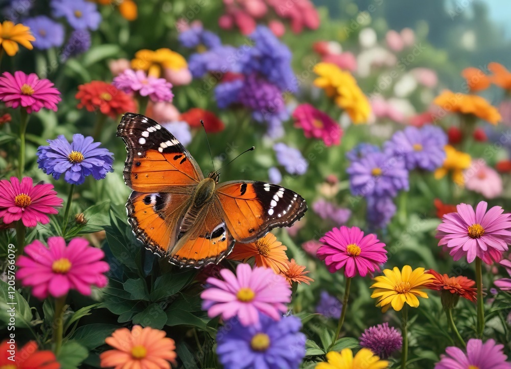 A butterfly resting on a colorful patch of flowers, colorful, beautiful, summer A butterfly resting on a colorful patch of flowers, colorful, beautiful, summer