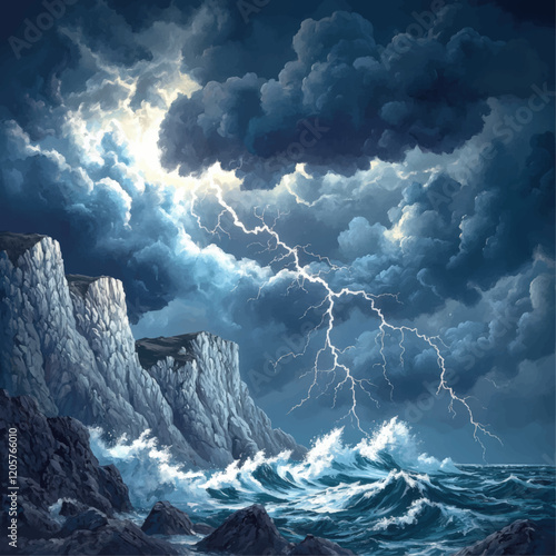 Dramatic Ocean Storm Scene with Crashing Waves, Lightning Bolts, and Steep Cliffs under Dark, Ominous Sky