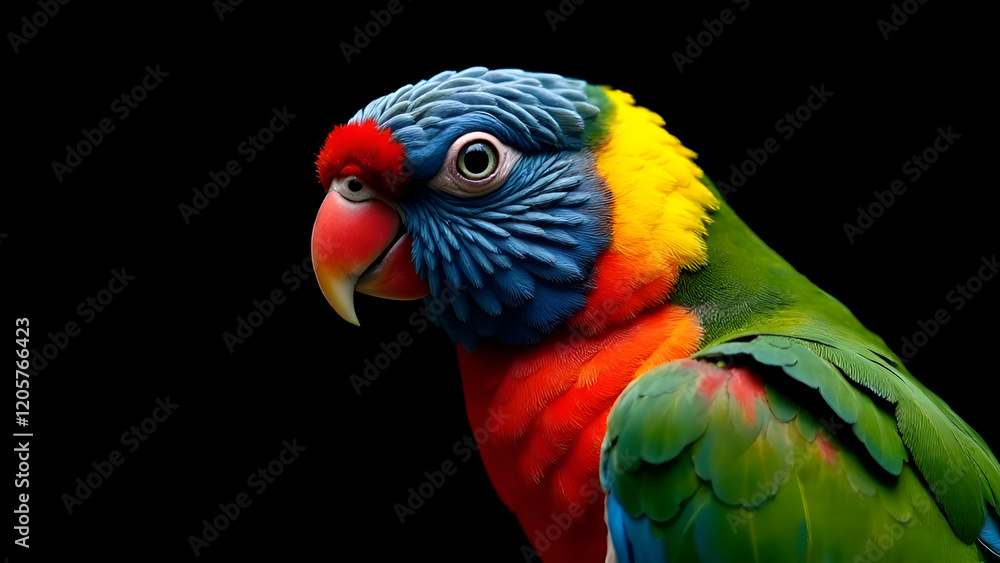 A vivid closeup shot of a vibrant and colorful parrot set against a striking black background, showcasing its stunning features and colors
