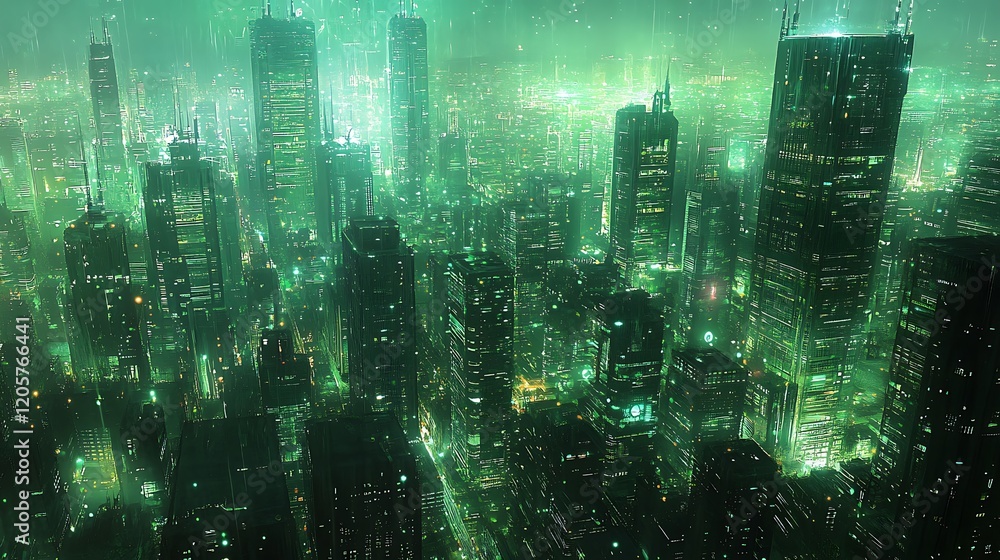 Green-Lit Skyscrapers in a Futuristic Cityscape Green-Lit Skyscrapers in a Futuristic Cityscape