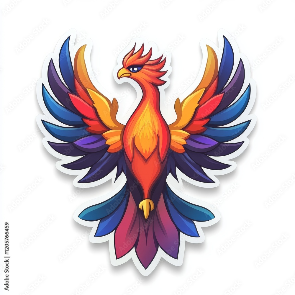 Obraz premium Vibrant Phoenix Emblem with Colorful Wings Isolated on White Background, a mythical creature with bright plumage illustration