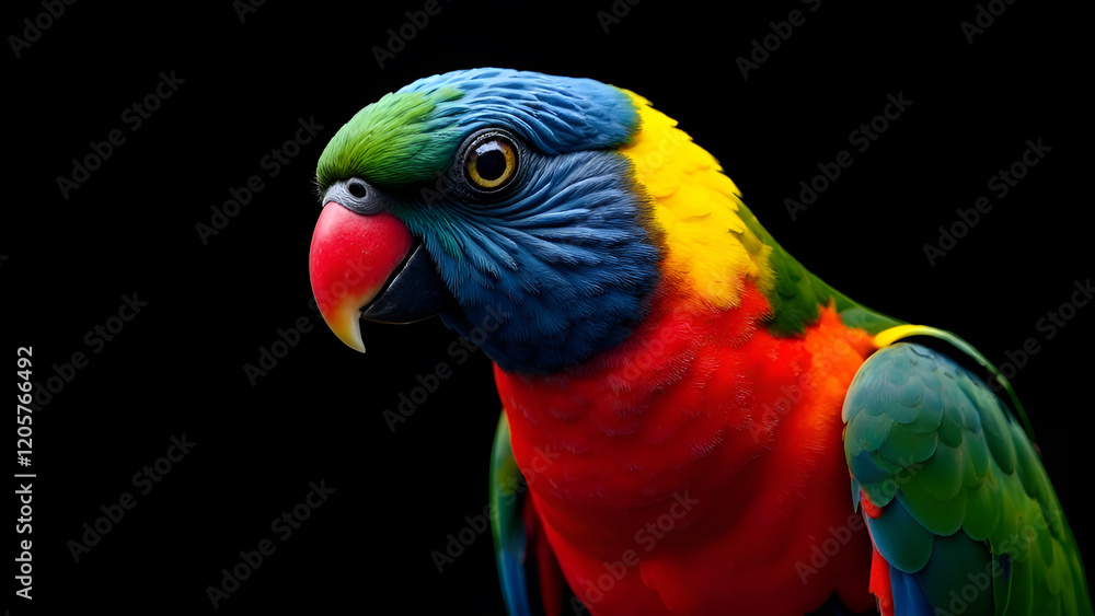 A vivid closeup shot of a vibrant and colorful parrot set against a striking black background, showcasing its stunning features and colors