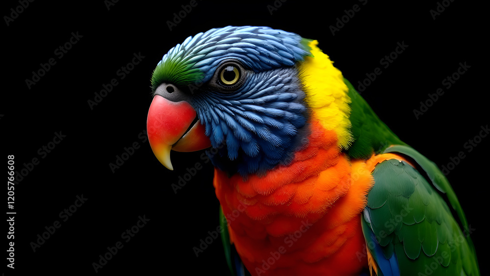 A vivid closeup shot of a vibrant and colorful parrot set against a striking black background, showcasing its stunning features and colors