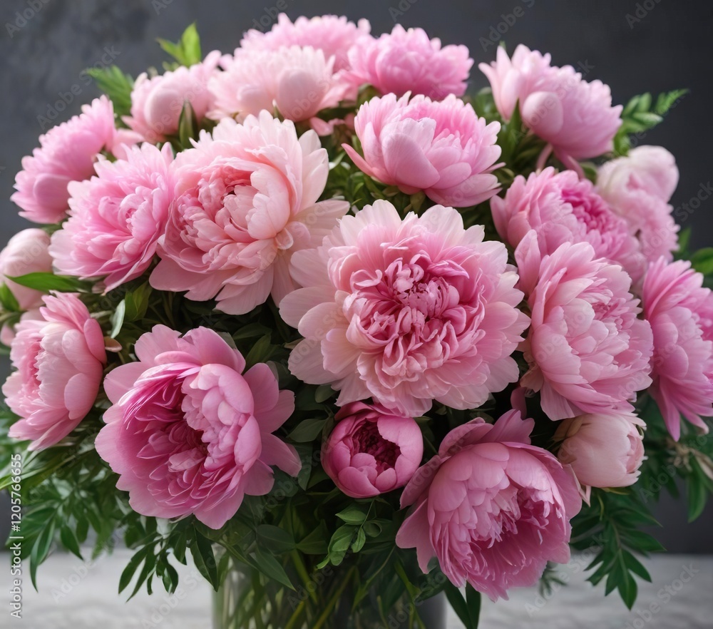 Bunch of pink peonies and roses in a fresh bouquet, botanic, natural beauty