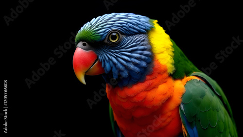 Obraz na płótnie A vivid closeup shot of a vibrant and colorful parrot set against a striking black background, showcasing its stunning features and colors w salonie