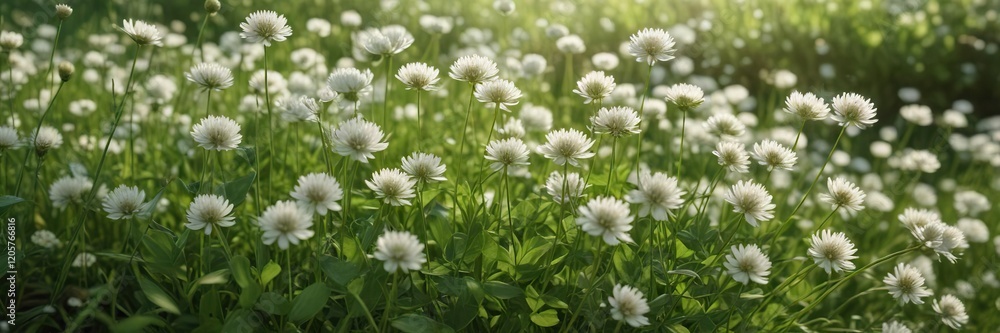 Close-up of white clover flowers blooming in the spring, botany, close-up, flora, springtime, macro Close-up of white clover flowers blooming in the spring, botany, close-up, flora, springtime, macro