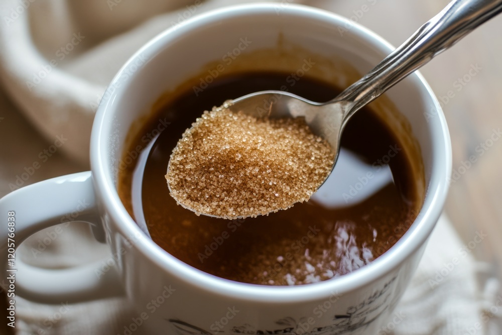 Person adding cane sugar with a spoon to cup of fresh aromatic coffee. Close up of teaspoon putting brown sugar into hot steamed drink mug. Sugar Being Poured into Cup of Coffee Americano, Close-Up Person adding cane sugar with a spoon to cup of fresh aromatic coffee. Close up of teaspoon putting brown sugar into hot steamed drink mug. Sugar Being Poured into Cup of Coffee Americano, Close-Up