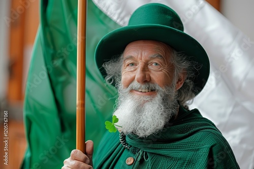 Joyful leprechaun celebrates saint patrick s day with shamrock in front of irish flag photo