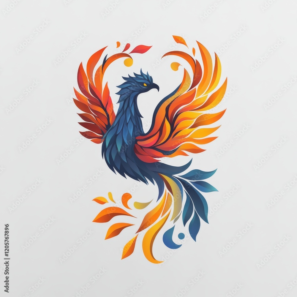 Fototapeta premium Abstract rendering of a phoenix with vibrant fiery plumage symbolizing rebirth and transformation on a clean white background