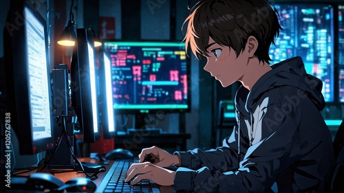 Teenager boy focused expression working on a sleek, futuristic computer in a dimly lit room, anime style photo