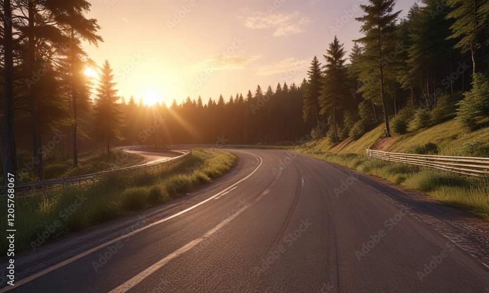 Stunning landscape of a race track cutting through a lush forest at sunset, landscape, countryside, scenic view Stunning landscape of a race track cutting through a lush forest at sunset, landscape, countryside, scenic view