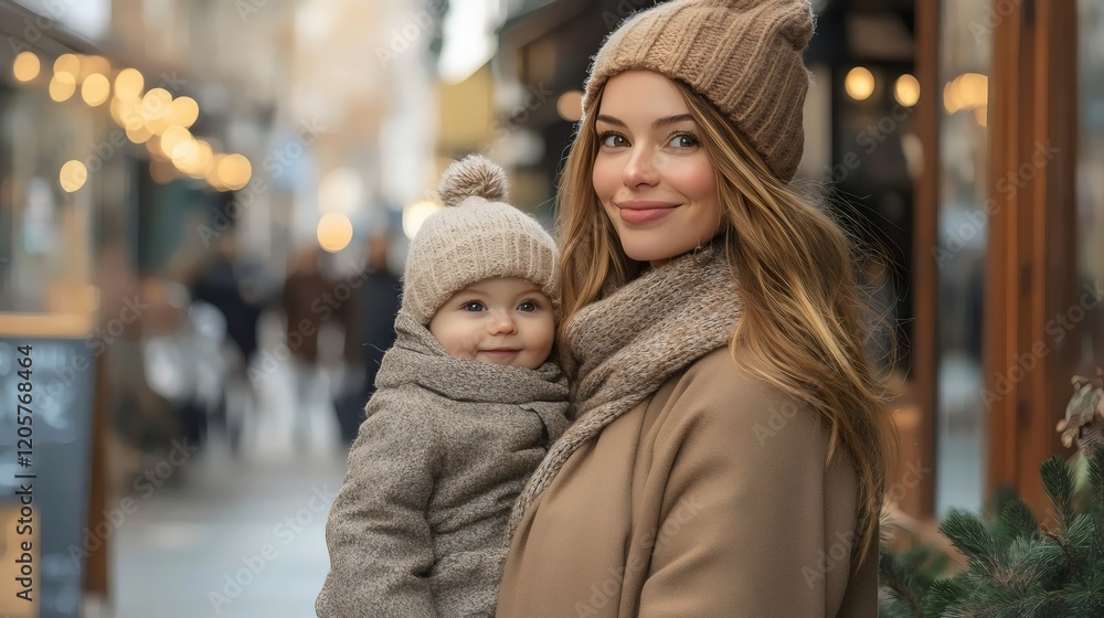 A woman and her child are standing in a busy street, both wearing hats