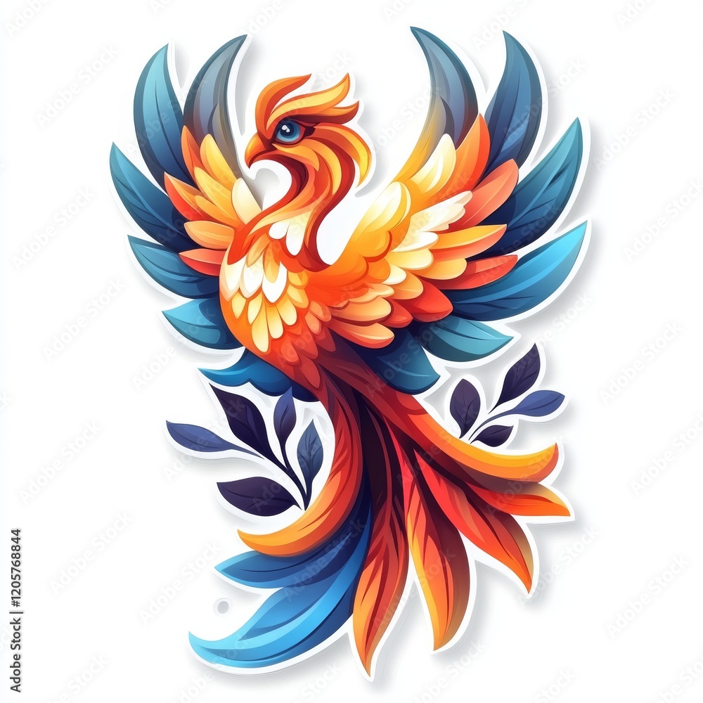 A vibrant phoenix rising with fiery orange and blue hues, a symbolic bird of rebirth and immortality with decorative leaves on a white background A vibrant phoenix rising with fiery orange and blue hues, a symbolic bird of rebirth and immortality with decorative leaves on a white background