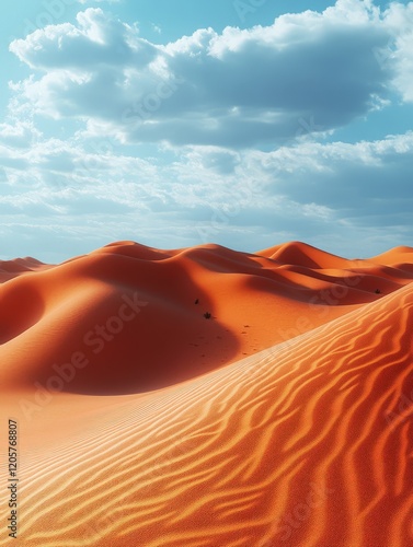 A vast desert landscape with rolling sand dunes under a blue sky and fluffy clouds. photo