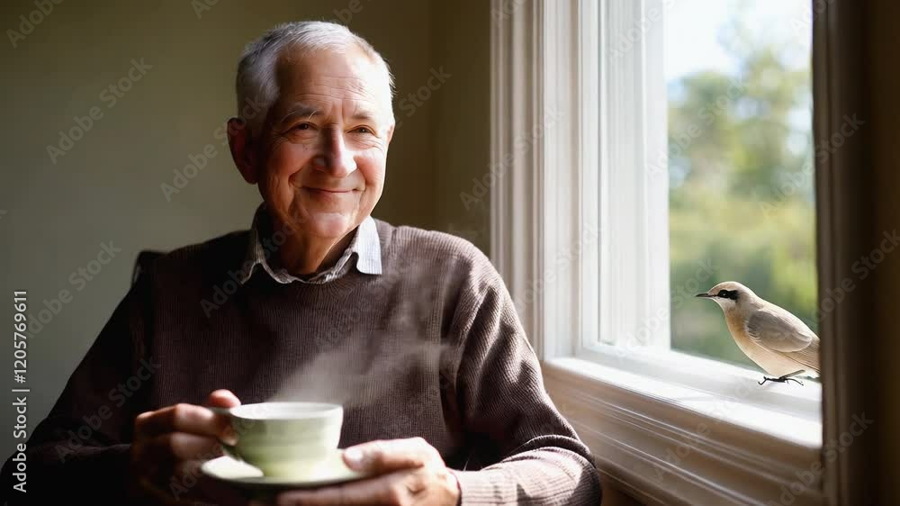 An elderly man with a content smile sips from a steaming cup in a sunlit room, captivated by a bird perched on the window sill An elderly man with a content smile sips from a steaming cup in a sunlit room, captivated by a bird perched on the window sill