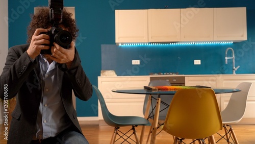 Real estate photographer taking pictures and videos  at house  in apartment living room with professional camera - selling home with real estate agency and home staging indoor home design 