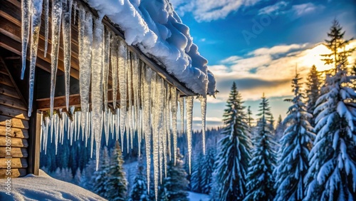 Icy crystals dangling from the edge of a sloping roof in winter, with snow-covered trees and a frosty sky , icicles, snow photo