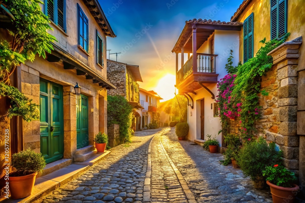 Fototapeta premium Charming Cypriot Street Scene: Sun-Drenched Buildings & Cobblestone Road