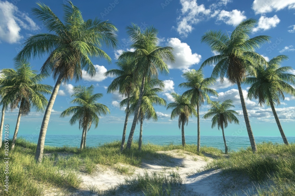 Tropical beach scene with palm trees and bright blue skies near the ocean Tropical beach scene with palm trees and bright blue skies near the ocean