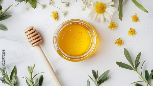 A clean photo of a jar of honey with a wooden dipper on a white background
