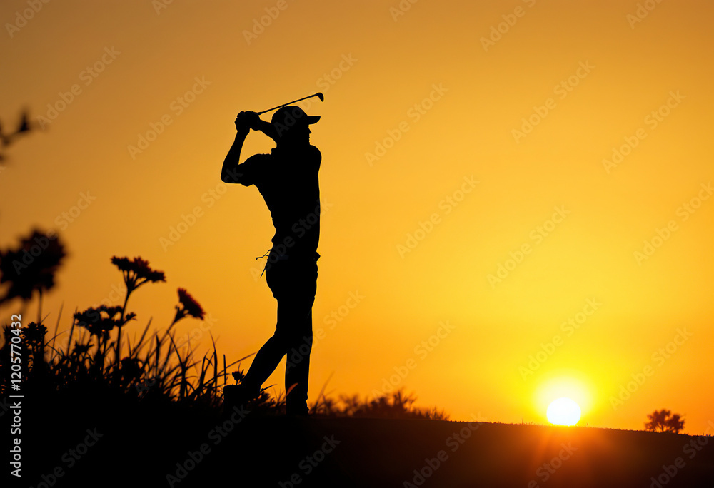 Golfer's Silhouette at Sunset: A Dramatic Golfing Scene Golfer's Silhouette at Sunset: A Dramatic Golfing Scene