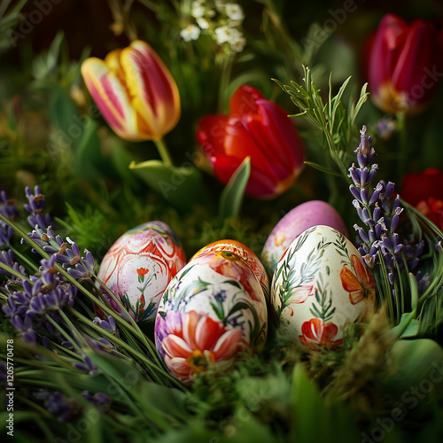 Hand-painted Easter eggs with tulips and lavender in grass. photo